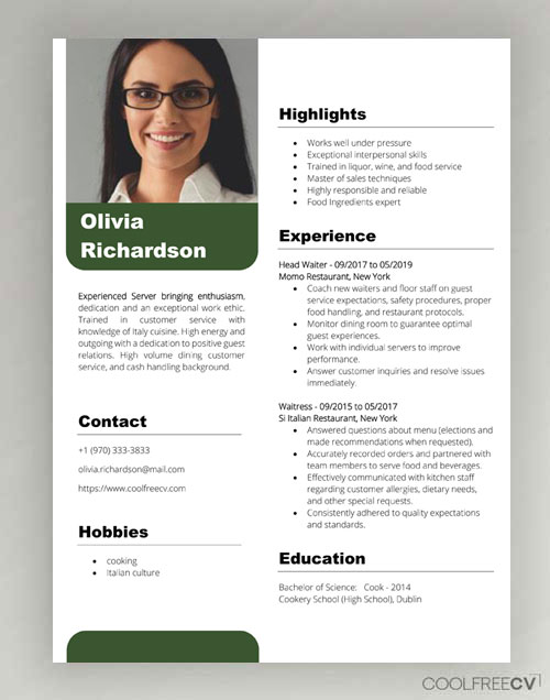 CV example with green accents and a big photo