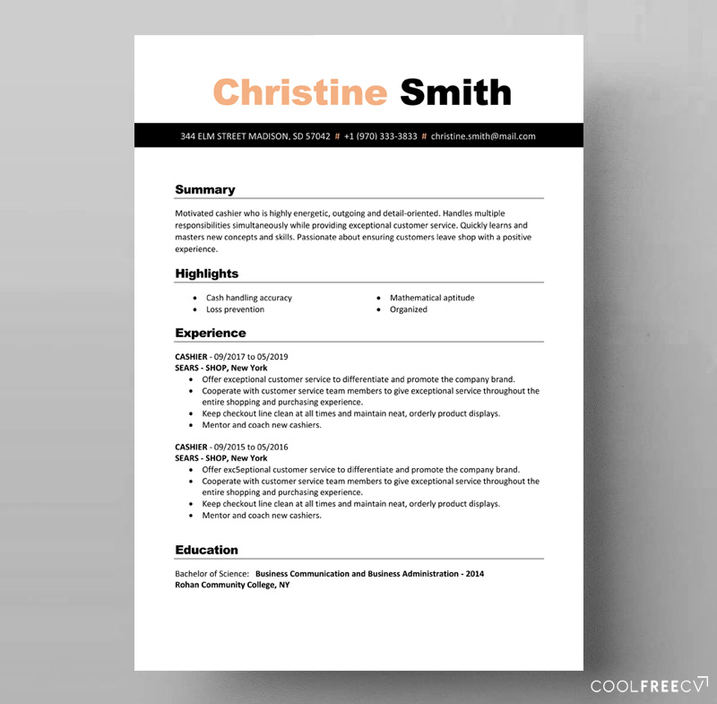 resume example cashier white and black